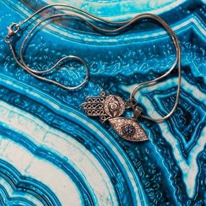 Sterling silver CZ hamsa and evil eye necklace. 16 inches
